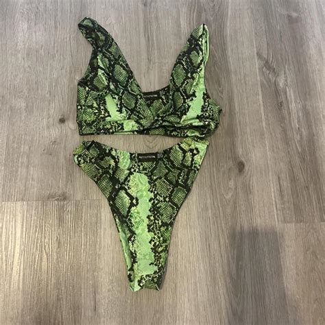 PLT Green Snake Print Bikini Used But Excellent Depop