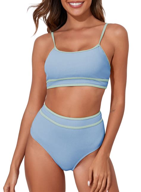 Eytino Swimming Suits For Women Women High Waisted Bikini Set Ribbed Two Piece Swimsuit Scoop