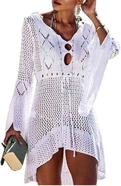 Happyjiu Damen Häkel Badeanzug Strand Bikini Badeanzug Überzug Weiß Einheitsgröße Amazon
