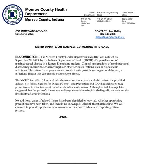 Monroe County Health Department Update On Suspected Meningitis Case