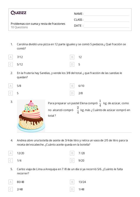 50 Problemas De Fracciones Hojas De Trabajo Para Grado 3 En Quizizz