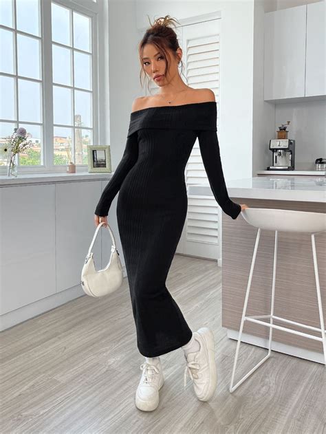 SHEIN EZwear Off Shoulder Ribbed Knit Bodycon Dress Ribbed Knit