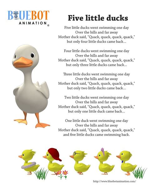 Five Little Ducks / 5 little ducks nursery rhyme lyrics Free printable nursery rhyme lyrics page ...