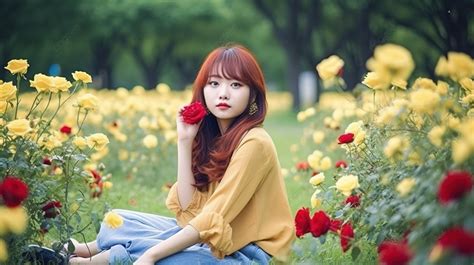 Beautiful Korean Girl In The Field With Roses Background Cute Girl Sitting On The Grass With