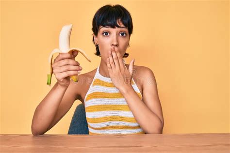 Attractive Brunette Eating Banana Stock Photo Image Of Hold Health