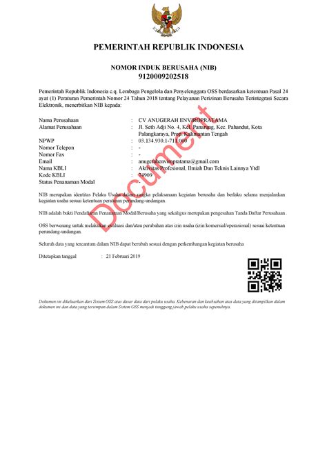 Nomor Induk Berusaha Nib Oss