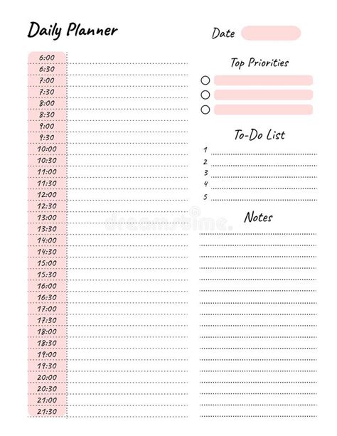 Daily Planner Printable Template Vector Blank White Notebook Page