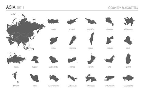 Set Of 24 High Detailed Silhouette Maps Of Asian Countries And Territories And Map Of Asia