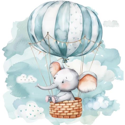 Watercolor Cute Elephant In A Hot Air Balloon Hand Drawn Illustration Premium Ai Generated Image