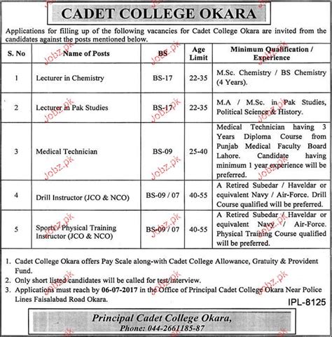 Cadet College Okara Teaching Jobs 2024 Job Advertisement Pakistan