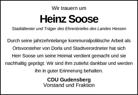 Traueranzeigen Von Heinz Soose Trauer HNA De