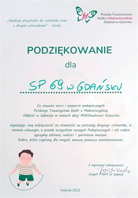 Podziękowania dla naszej szkoły od Polskiego Towarzystwa Walki z