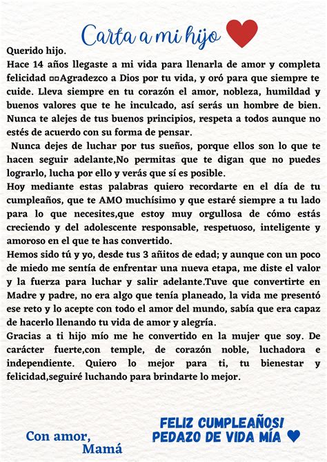 Carta A Mi Hijo En El D A De Su Cumplea Os Carta A Mi Hija Palabras