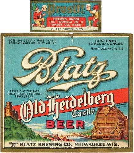 1933 Blatz Old Heidelberg Castle Beer 12oz Wi288 53v2 Label Milwaukee