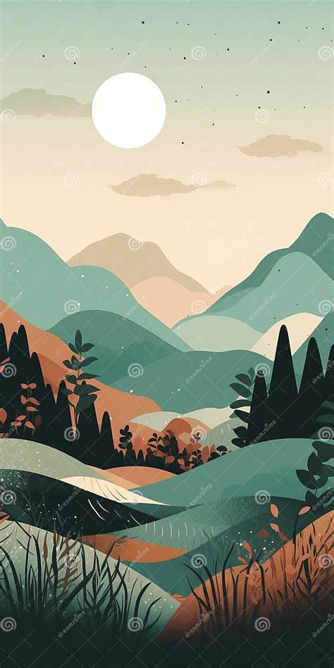 Delta Minimalist Mountain Landscape In Boho Art Style Stock