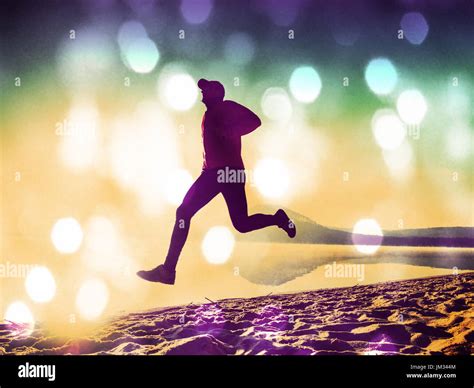 Film Grain Effect Man Exercising On The Beach Silhouette Of Active