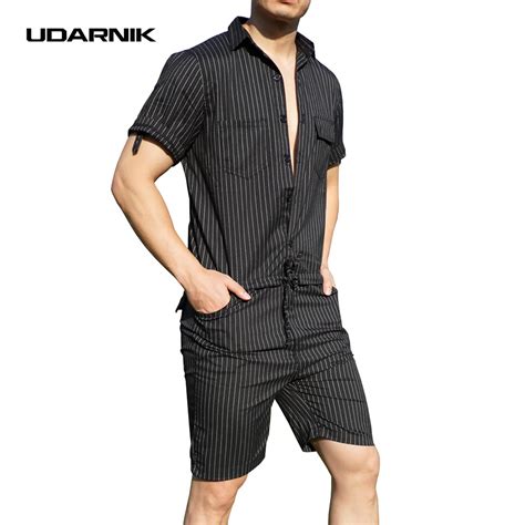 UDARNIK Men Jumpsuit Pants Short Sleeve Slim Striped Summer Bodysuit