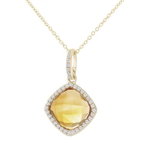 SPARKLD 9ct Yellow Gold Cushion Citrine And 0 12ct Diamond Halo Pendant