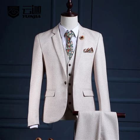 2017 Latest Coat Pant Designs Ivory Tweed Men Suit Slim Fit 3 Piece