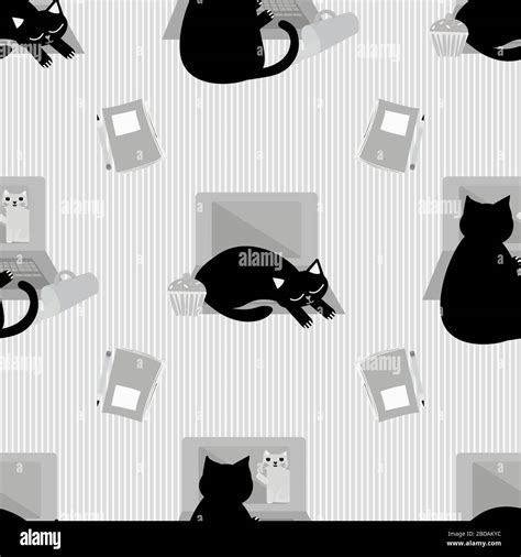 Cute laptop and cartoon cat vector seamless pattern background. Black ...