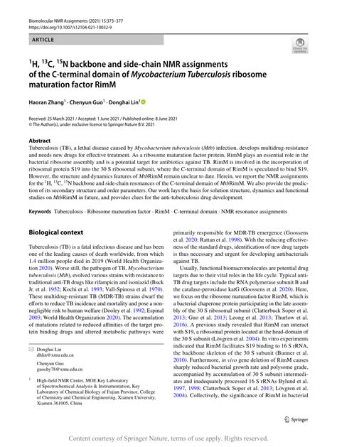 1h 13c 15n Backbone And Side Chain Nmr Assignments Of The C Terminal Domain Of Mycobacterium