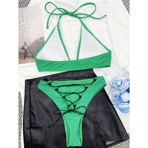 Green Bikini Lace Up Sexy Swimwear Women High Waisted Bikini Set Brazilian Women Swimsuit