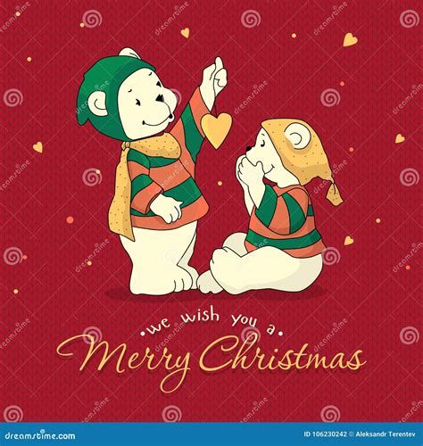 Two Polar Bears Greet Each Other Merry Christmas Stock Vector