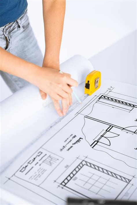 Architect Drawing on Blueprint Stock Image - Image of project ...