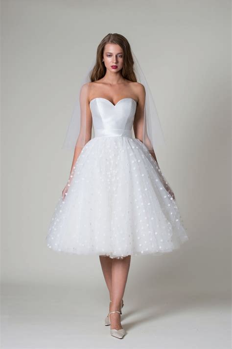 MIRANDA Strapless Tea Length Wedding In Mikado Polka Dot And Tulle