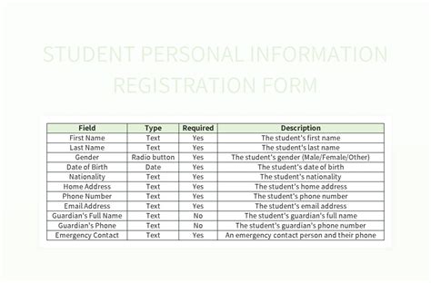 Student Personal Information Registration Form Excel Template And