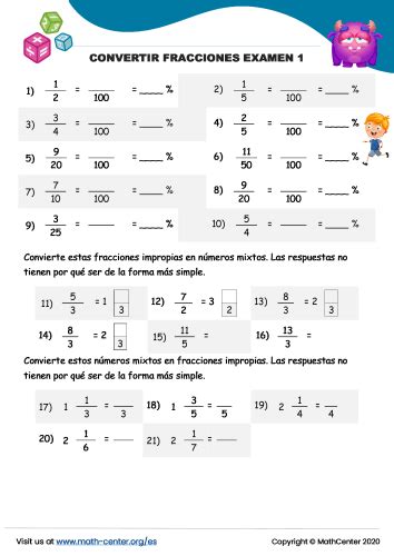 Convertir Fracciones Examen Pruebas Math Center