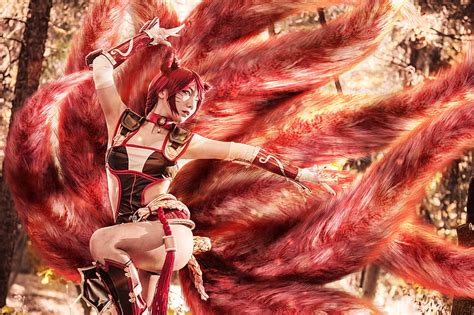 Ahri Red Nine Tails Model Cosplay Fox Girl Asian Woman Hd