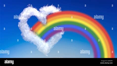Heart Shape Cloud And Rainbow Arch On Blue Sky Background Gay Pride