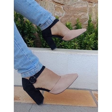 Calçados Feminino Bella Moça Scarpin Camurça Nude Preto Bloco Shopee Brasil