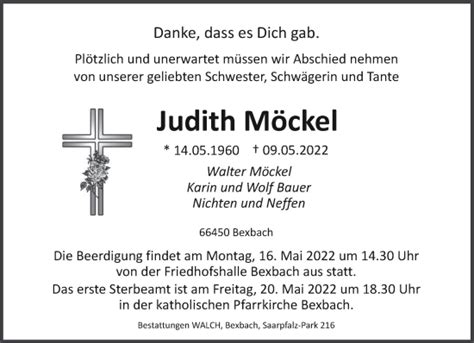 Traueranzeigen Von Judith M Ckel Saarbruecker Zeitung Trauer De