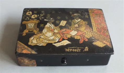 Ancienne Boite A Timbre En Carton Bouilli Napoleon Iii A Decor Japon