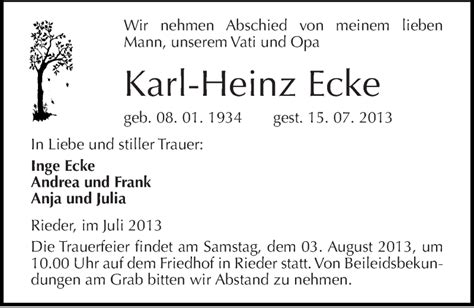 Traueranzeigen Von Karl Heinz Ecke Abschied Nehmen De