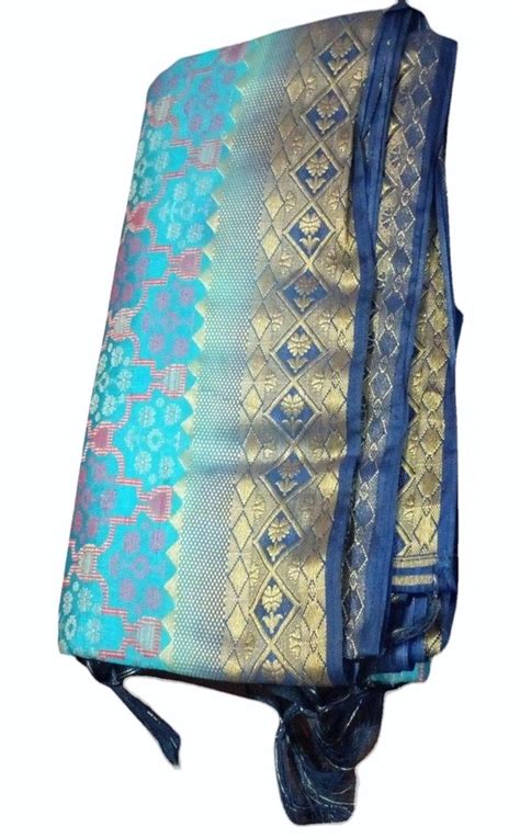 M With Blouse Piece Printed Blue Pure Banarasi Silk Saree At Rs