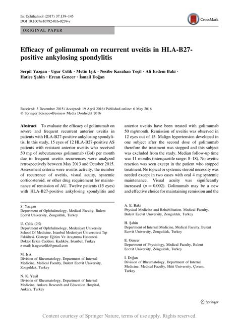 Efficacy of golimumab on recurrent uveitis in HLA-B27-positive ...