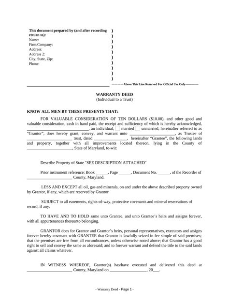 Warranty Deed From Individual To A Trust Maryland Fill Out Sign