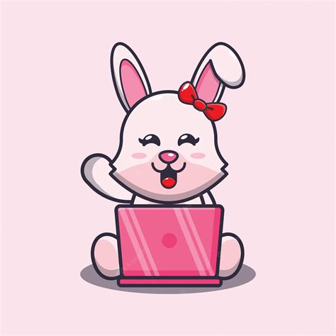 Premium Vector Cute Bunny Rabbit Cartoon Mascot Illustration With Laptop