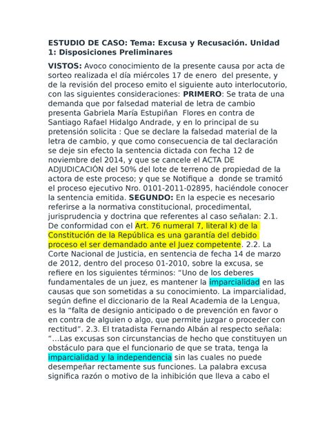 Estudio De Caso Tema Excusa Y Recusaci N Unidad Disposiciones