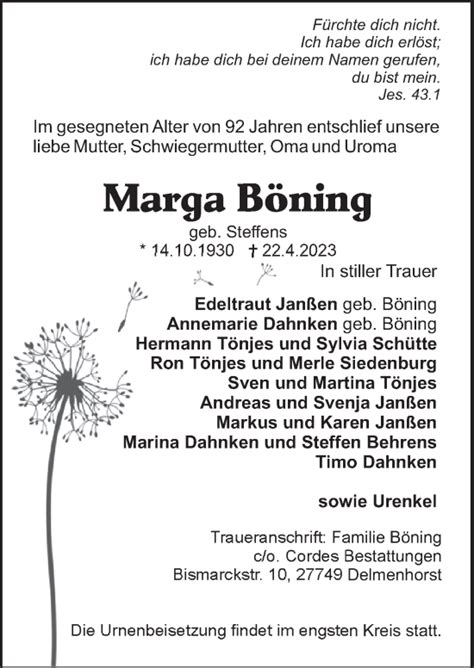 Traueranzeigen von Marga Böning Trauer de