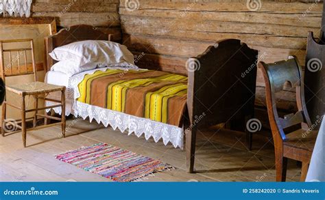 Very Old Living Room Interior. Minimal Furniture, Table, Chairs Stock