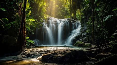 Sunlit Waterfall in Dense Rainforest: High-Resolution Nature ...