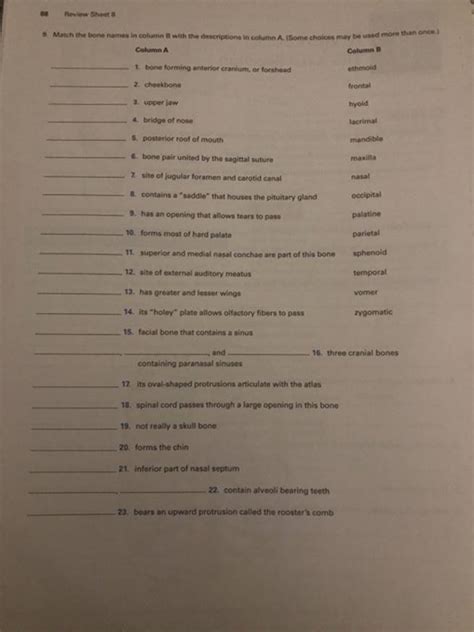 Solved Match The Bone Names In Column With The Descriptions In