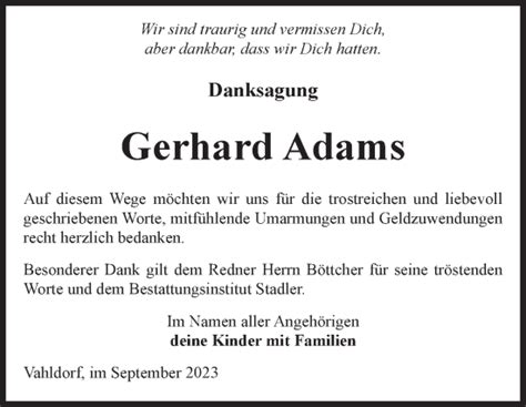 Traueranzeigen Von Gerhard Adams Abschied Nehmen De