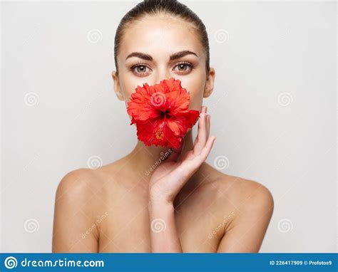 Woman Naked Shoulders Red Flower Mouth Glamor Cosmetics Stock Image