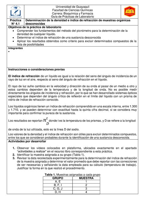 Informe N Densidad E Ndice De Refracci N Universidad De Guayaquil