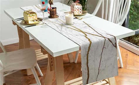 Amazon Marble Table Runner Cotton Linen Long Inche White Gray